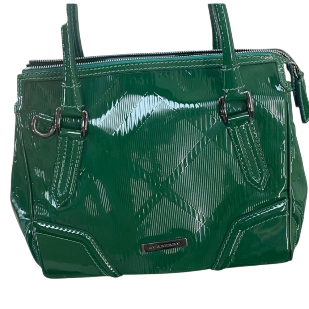 Burberry Green Patent Leather Tote – Nova Check Embossed Crossbody Bag Like New